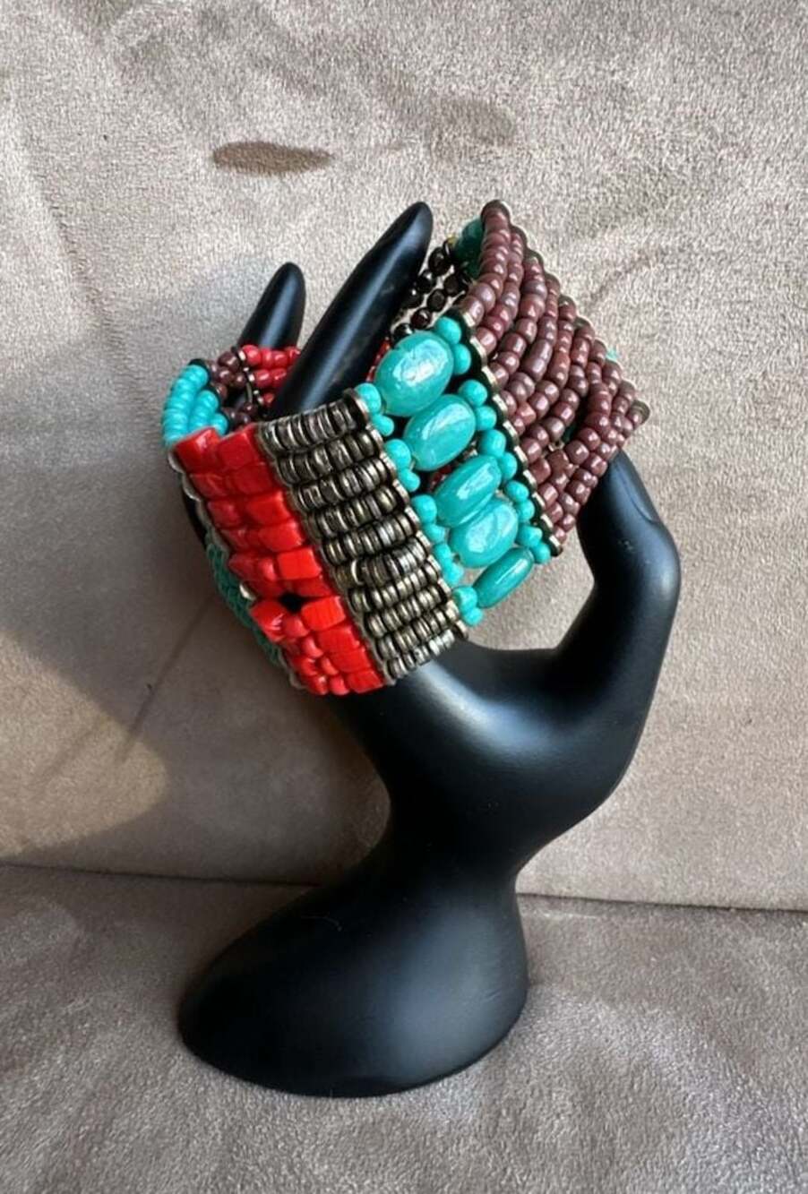 AeraVida Multi-Strand Beaded Cuff Bracelet w/ Simulated Turquoise and Coral